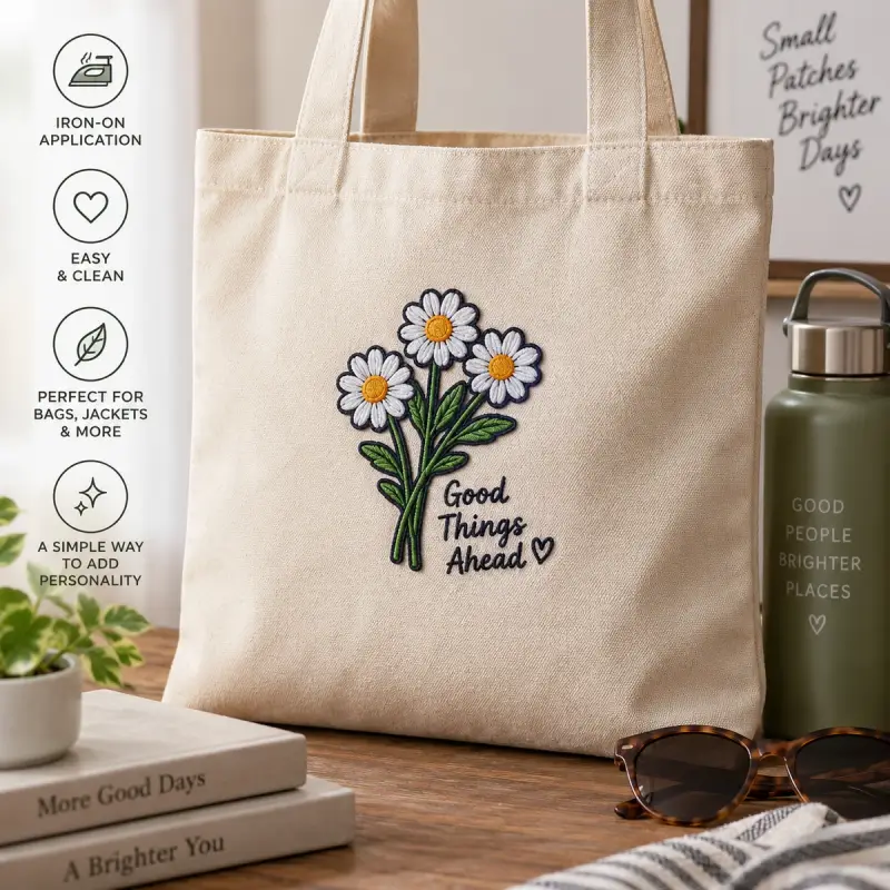 Embroidered Good Things Ahead daisy patch ironed onto a canvas tote.