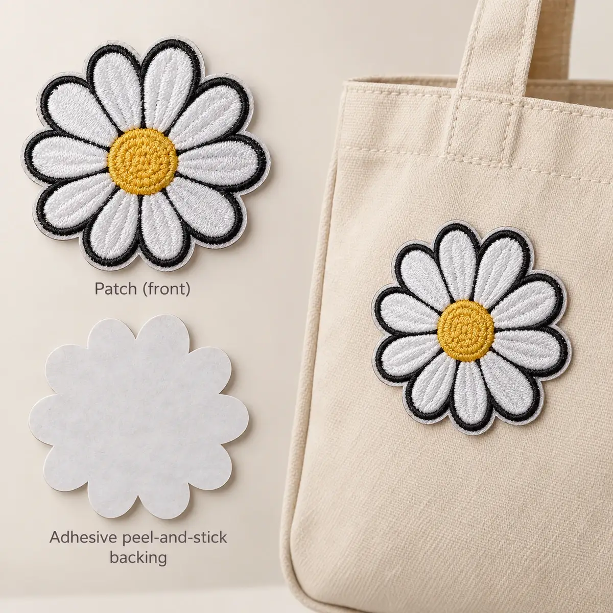 Embroidered daisy patch, its flower-shaped peel-and-stick backing, and the same patch stuck on a canvas tote.