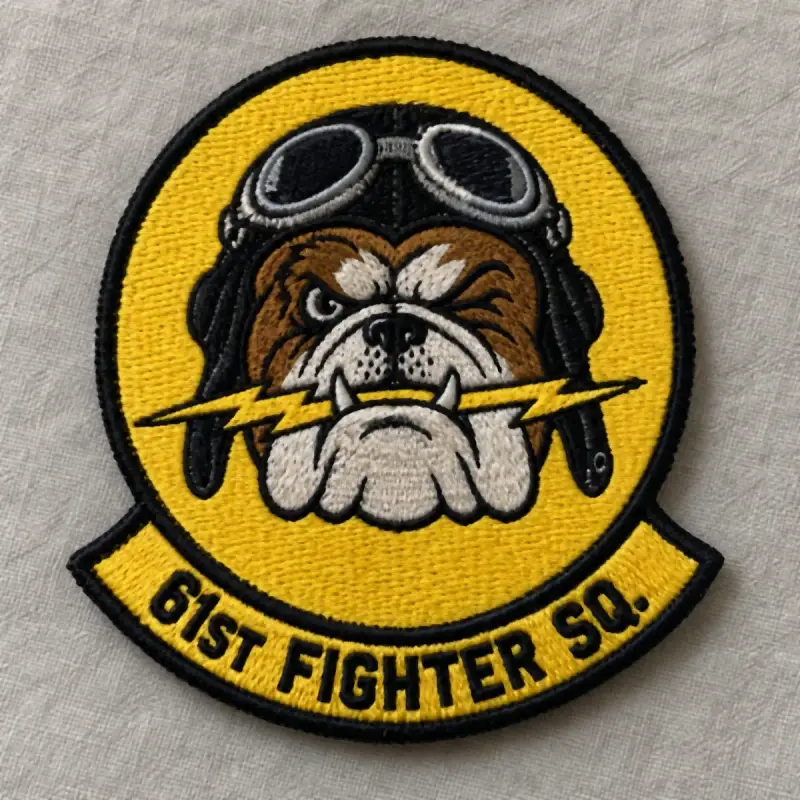 Yellow and black embroidered 61st Fighter Sq. patch with a bulldog in a flight helmet biting a lightning bolt.