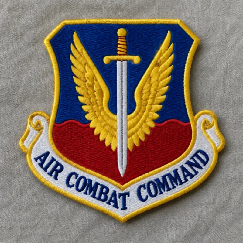Embroidered Air Combat Command shield patch with gold wings around a sword.