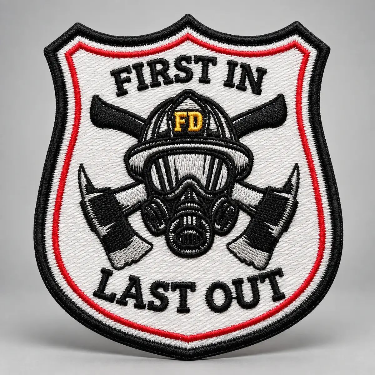 Embroidered First In Last Out shield patch with a firefighter helmet, mask and crossed axes.