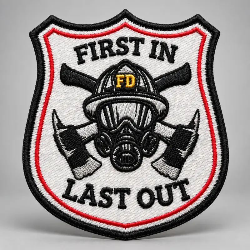 Embroidered First In Last Out shield patch with a firefighter helmet, mask and crossed axes.