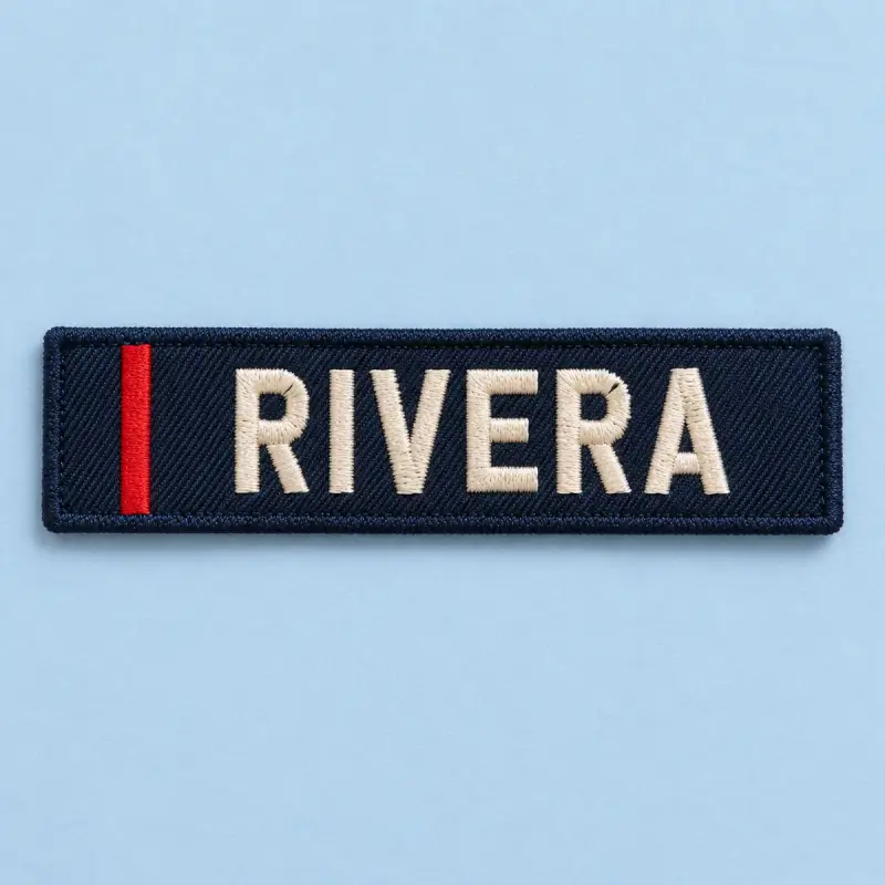 Navy embroidered RIVERA name tag with a red stripe on pale blue.