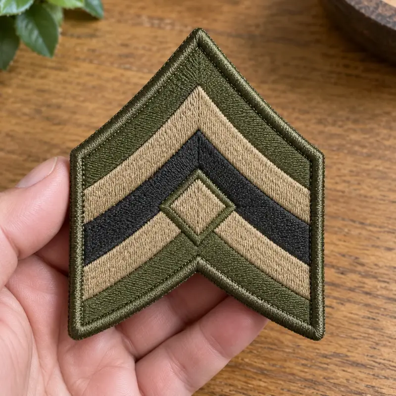 Embroidered subdued rank chevron patch held in hand.
