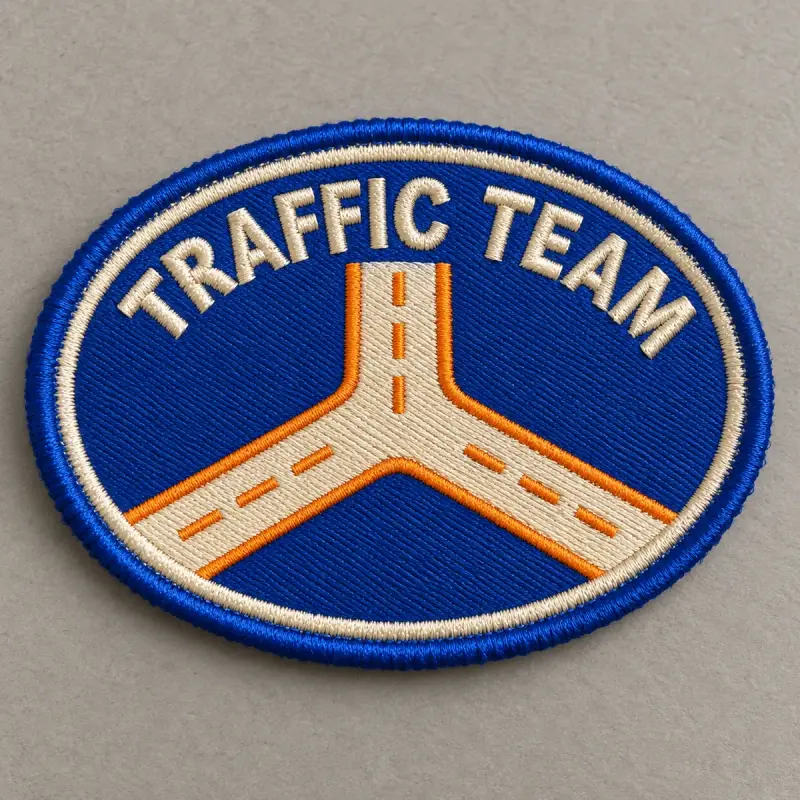 Oval embroidered Traffic Team patch with a road junction on blue.