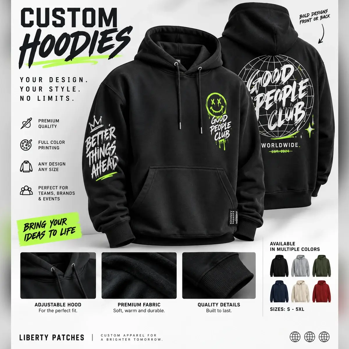 Black hoodie with Good People Club prints on the chest, sleeve and back.