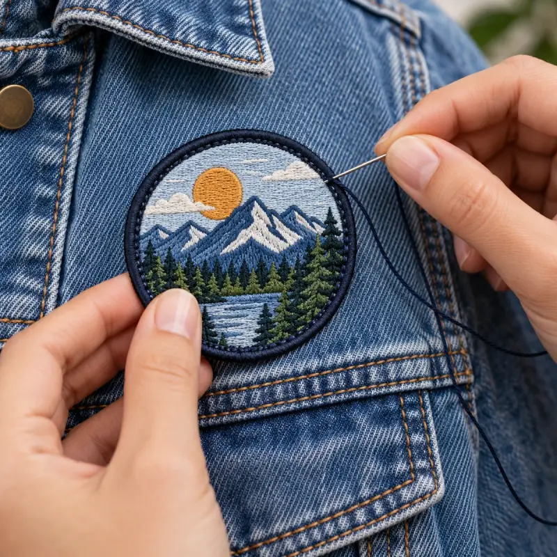 Round mountain patch being hand-sewn onto a denim jacket.