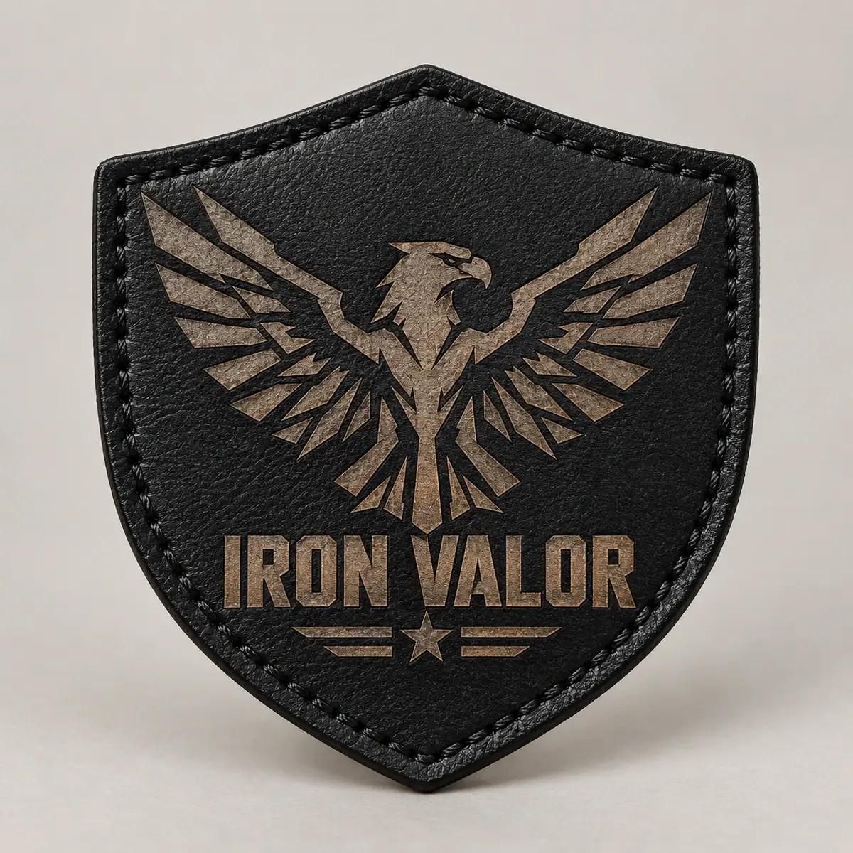 Black laser-engraved Iron Valor leather shield patch with an eagle.