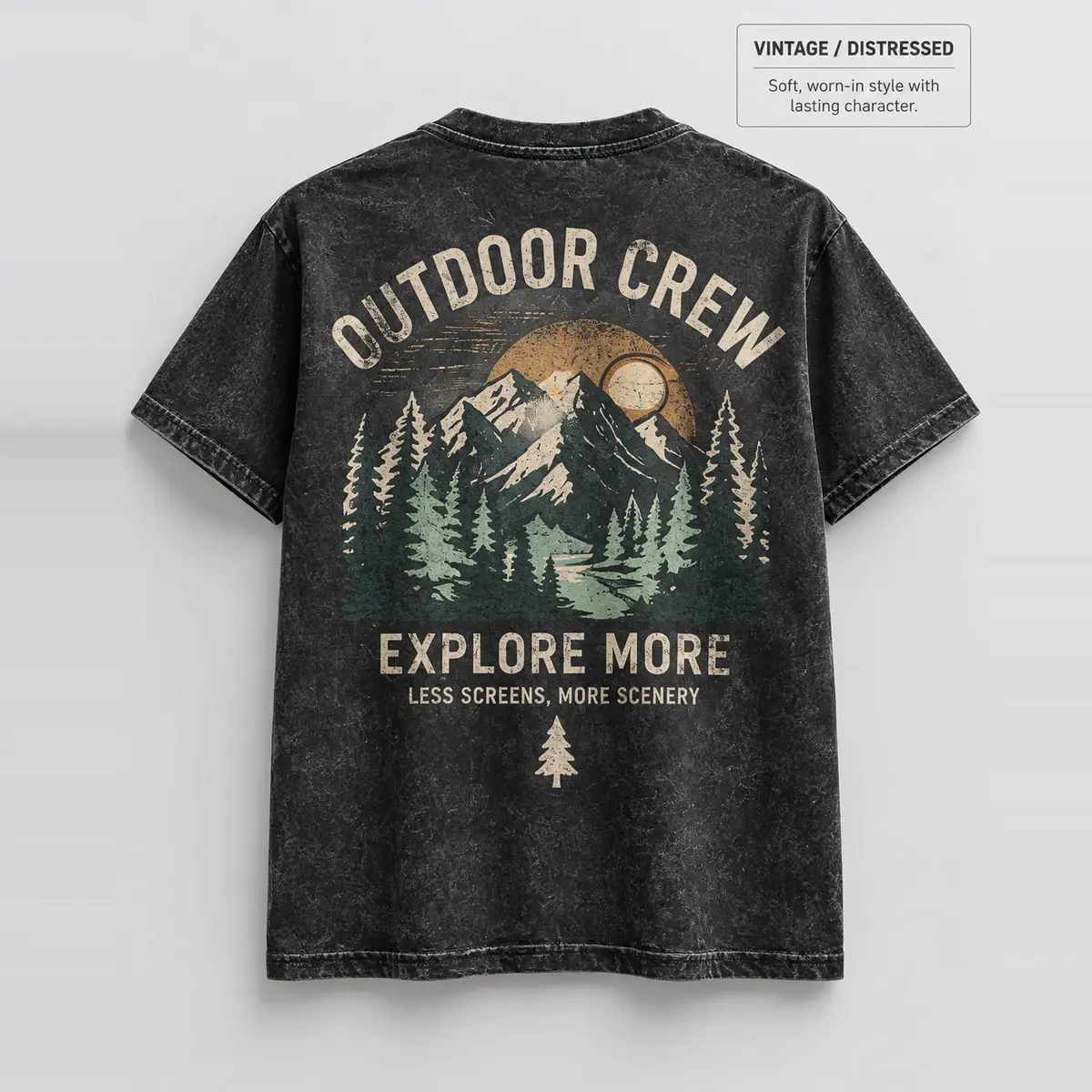 Washed charcoal tee printed with an Outdoor Crew Explore More mountain scene.