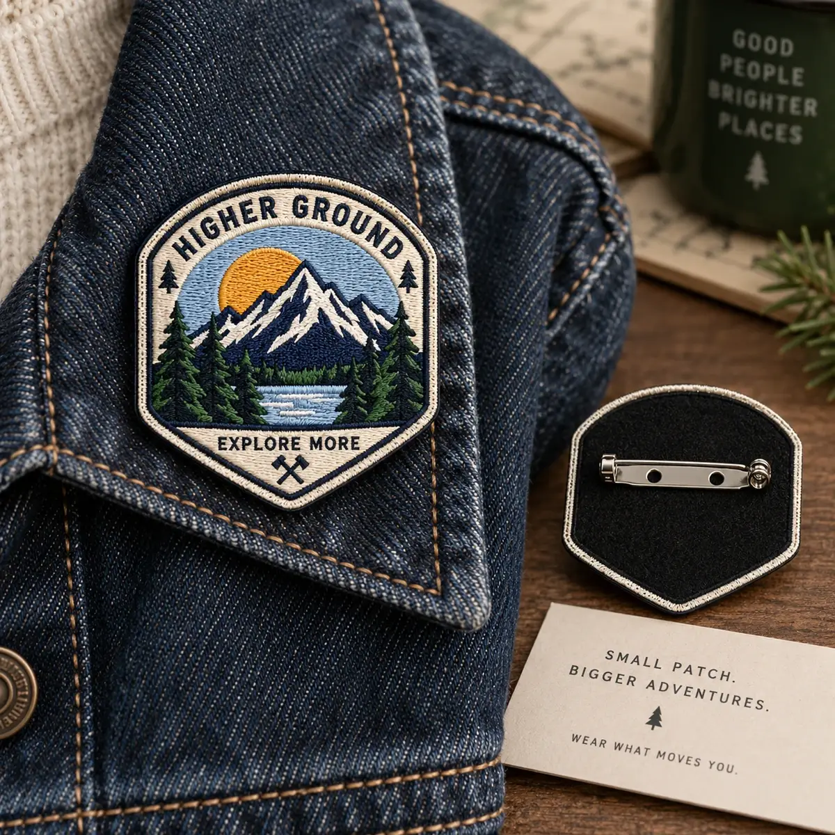 Higher Ground patch pinned to a denim jacket collar beside a pin-backed patch.