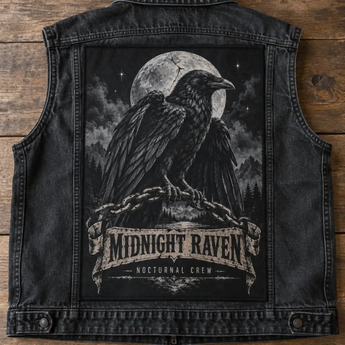 Printed Midnight Raven back patch with a raven under a full moon on a black denim vest.