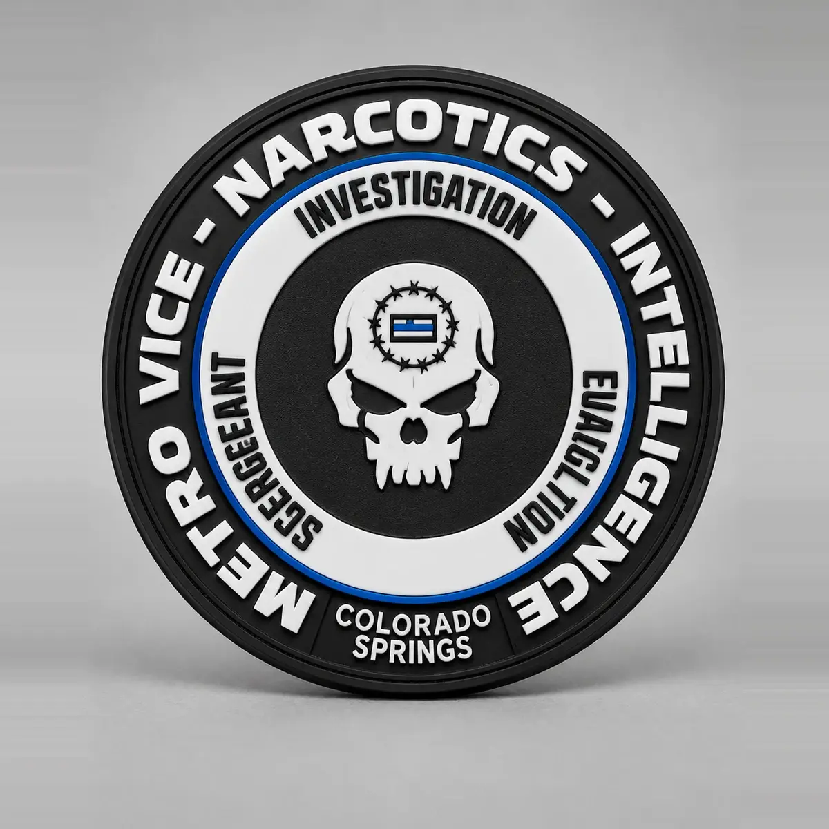 Round PVC Metro Vice Narcotics Intelligence patch for Colorado Springs with a skull emblem.
