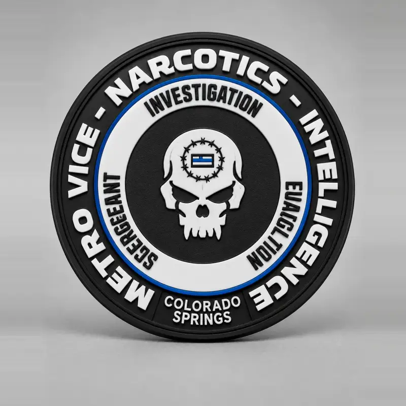 Round PVC Metro Vice Narcotics Intelligence patch for Colorado Springs with a skull emblem.