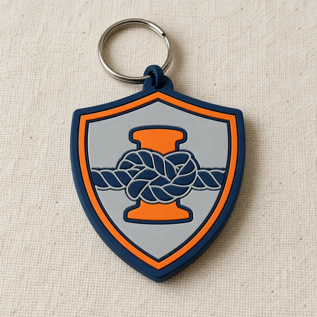 Shield-shaped PVC keychain with a navy rope knot on orange and gray.