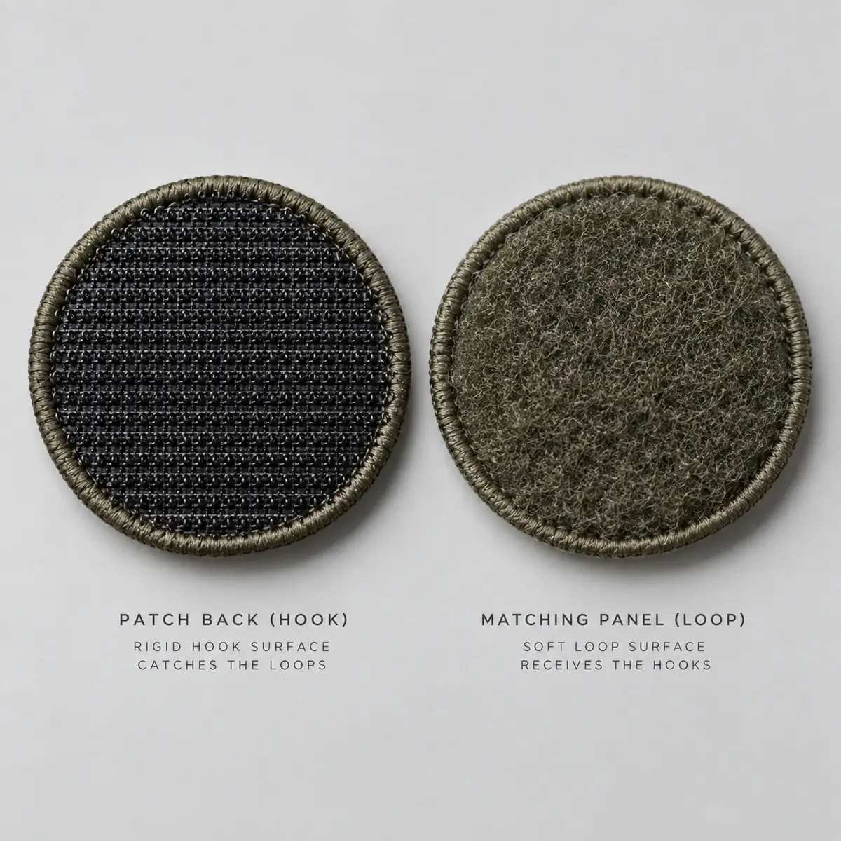 Round hook-backed patch reverse beside its matching loop panel.