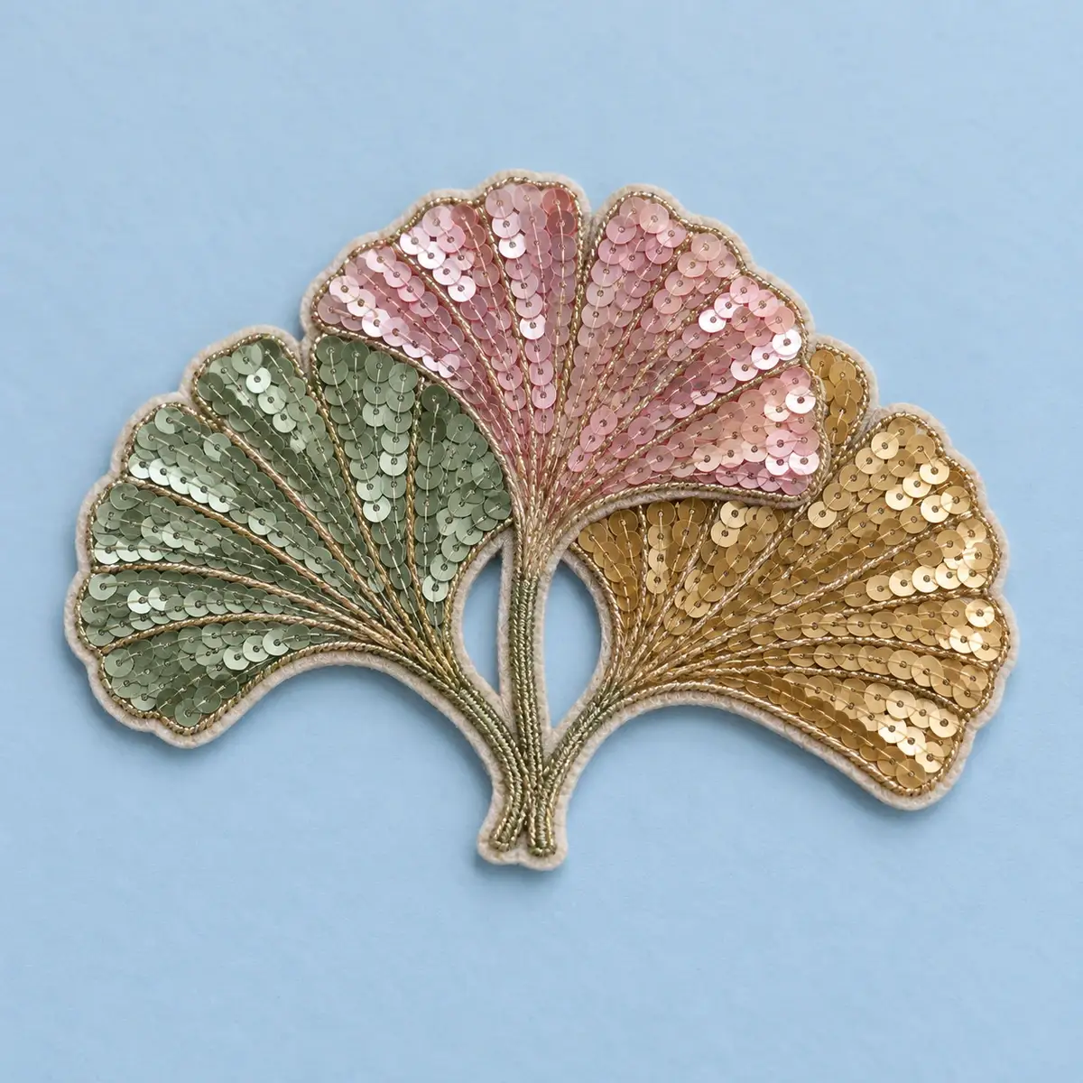 Pink and gold sequin ginkgo leaf patch.