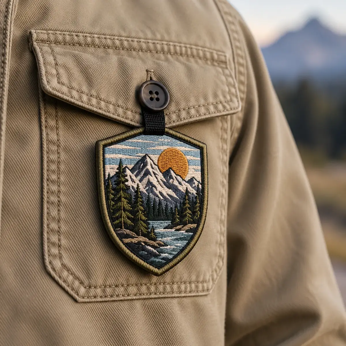 Embroidered mountain shield patch hanging by its loop from a shirt pocket button.