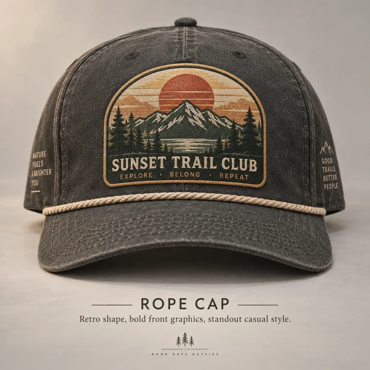 Charcoal rope cap with an embroidered Sunset Trail Club mountain patch.