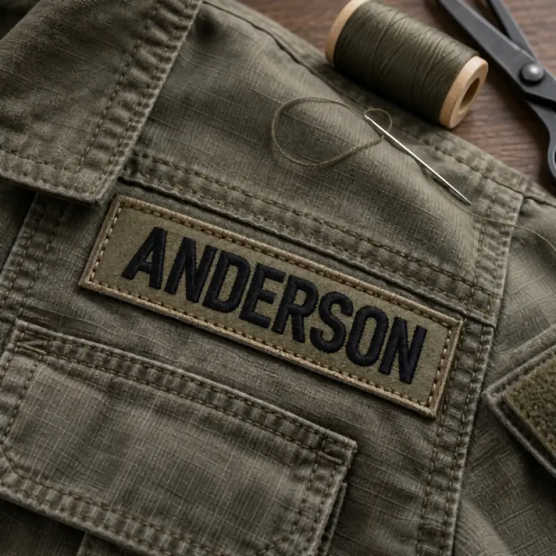 ANDERSON name tape sewn onto an olive field jacket.