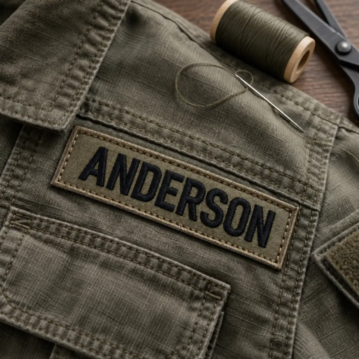ANDERSON name tape sewn onto an olive field jacket.
