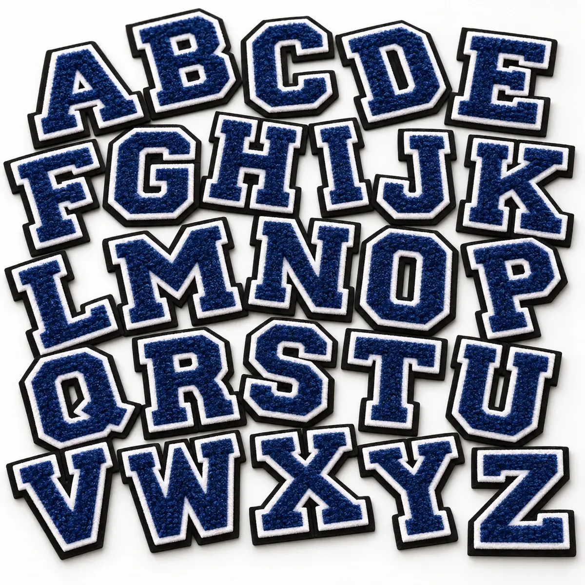 Full A to Z set of navy chenille varsity letters.