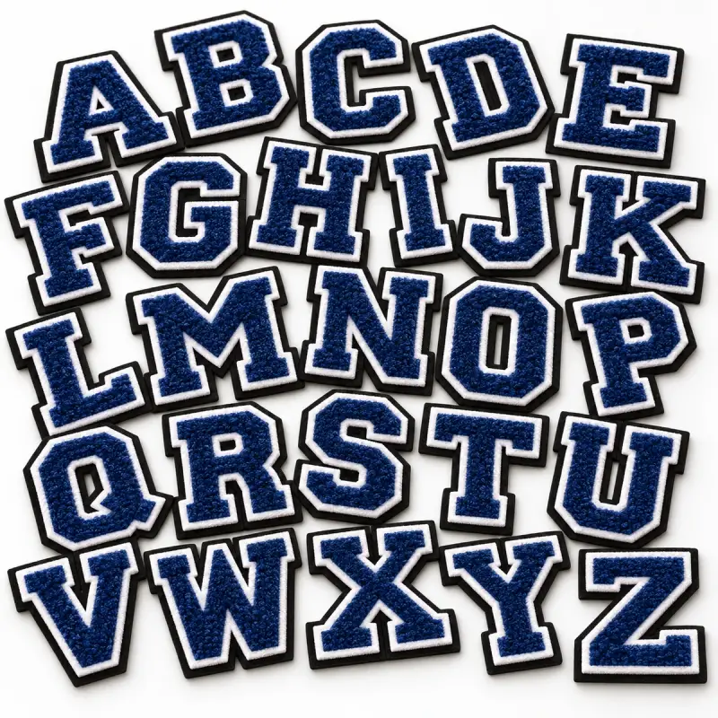 Full A to Z set of navy chenille varsity letters.
