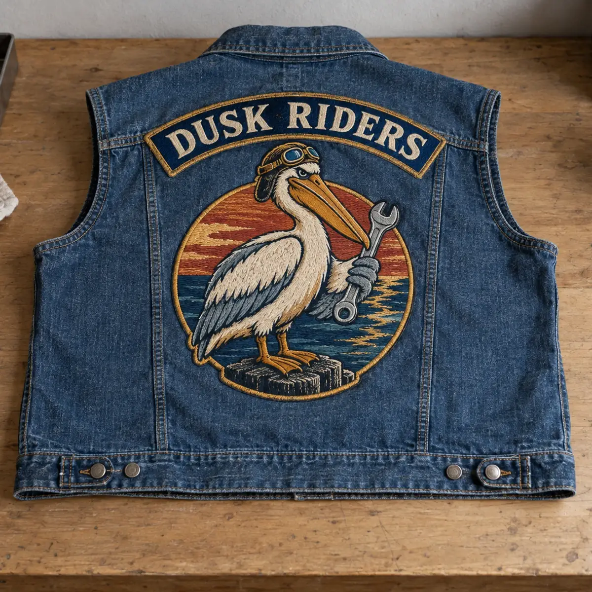 Dusk Riders back patch with a pelican holding a wrench on a denim vest laid on a workbench.