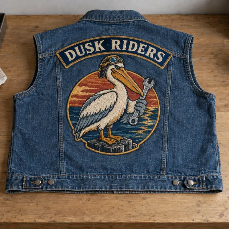 Dusk Riders back patch with a pelican holding a wrench on a denim vest laid on a workbench.