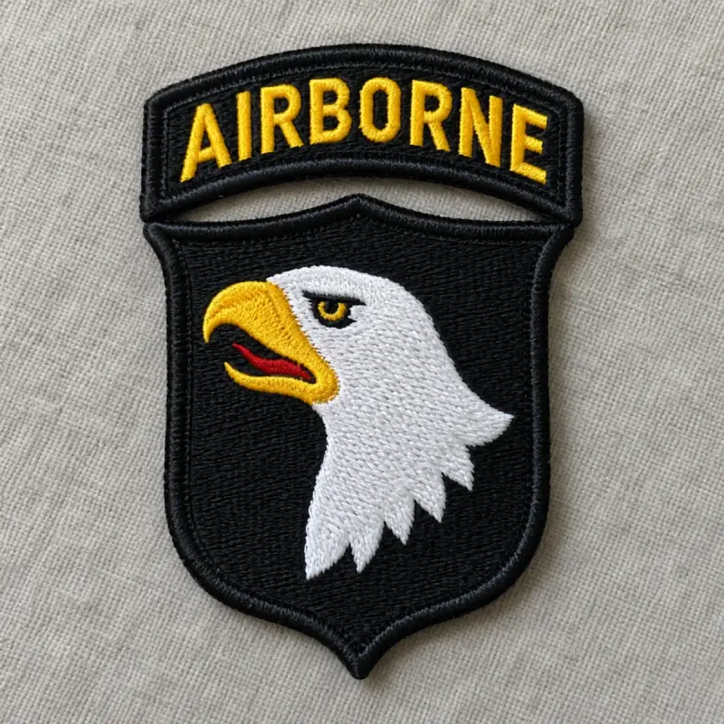 Embroidered Airborne tab over a black shield with a white eagle head.
