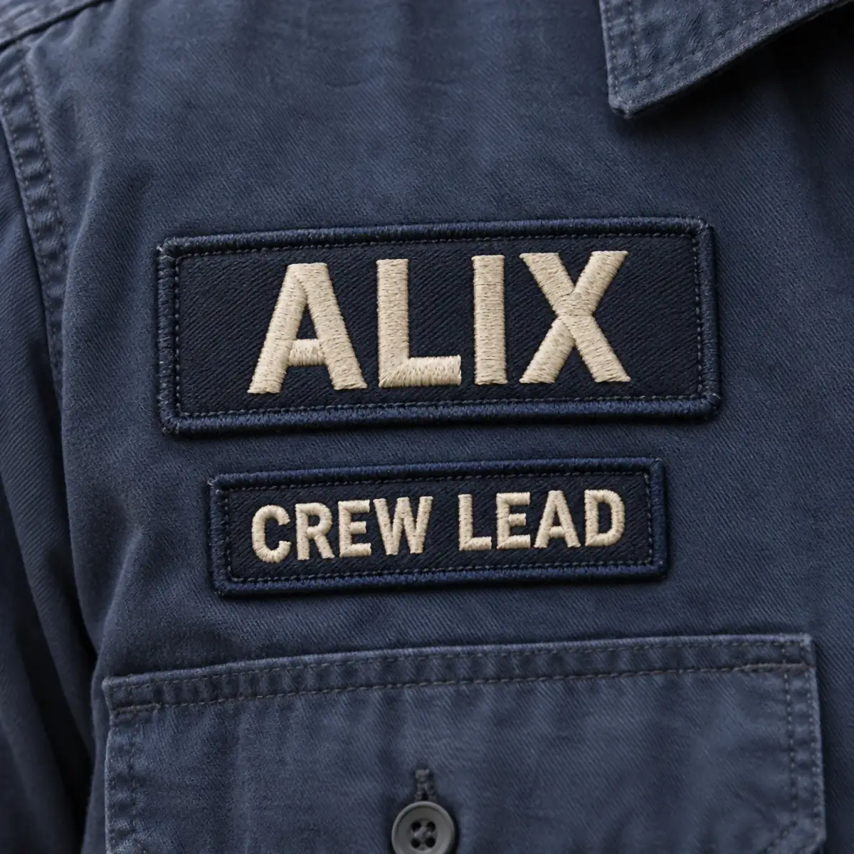 Embroidered ALIX and CREW LEAD name patches on a navy work shirt.