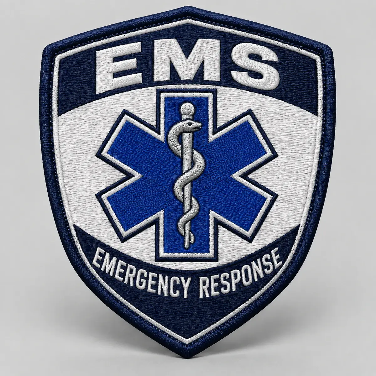 Embroidered EMS Emergency Response shield patch with a Star of Life in navy and white.