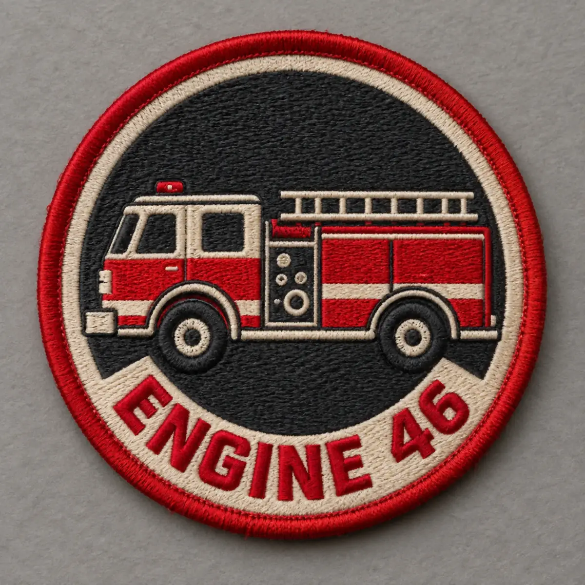Round embroidered Engine 46 patch with a red fire truck.