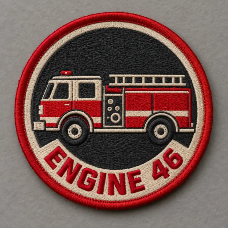 Round embroidered Engine 46 patch with a red fire truck.