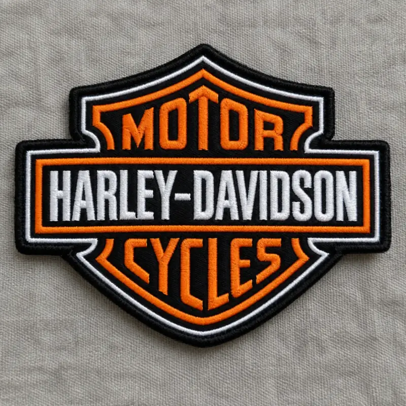 Embroidered orange, black and white bar and shield Motor Cycles logo patch.