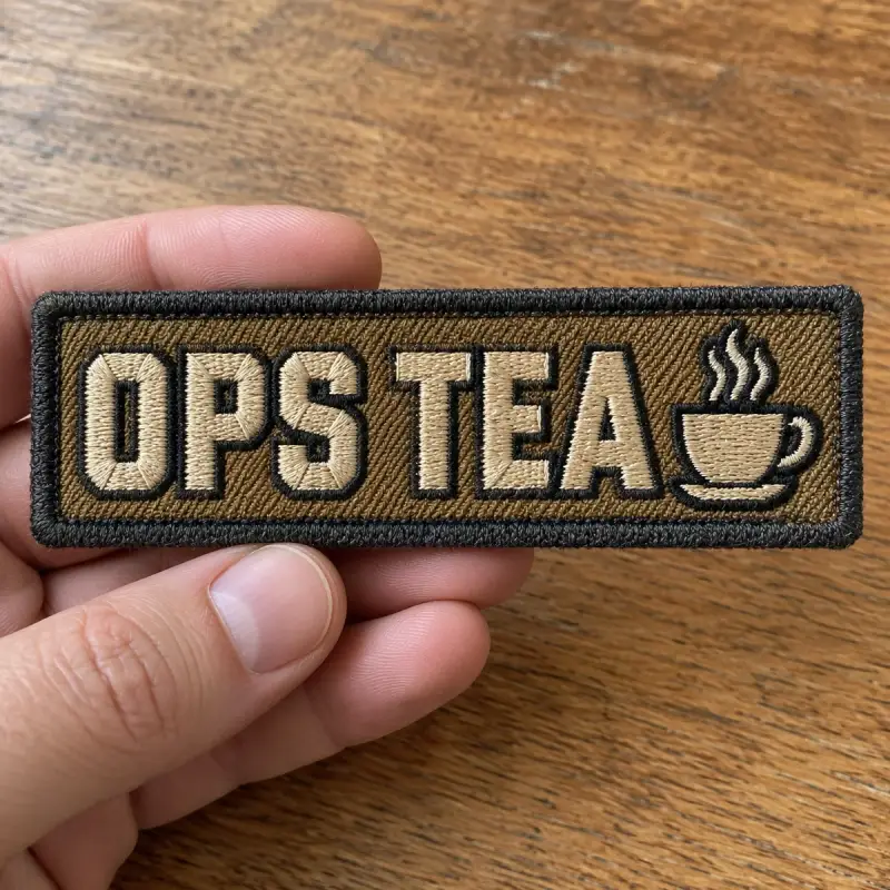 Embroidered OPS TEA patch with a steaming cup, held in hand.