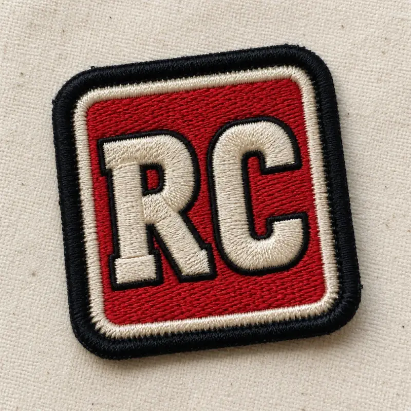 Square embroidered RC monogram patch in cream on red.