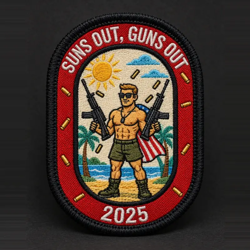 Embroidered Suns Out, Guns Out 2025 morale patch with a beach scene ringed by bullet casings.