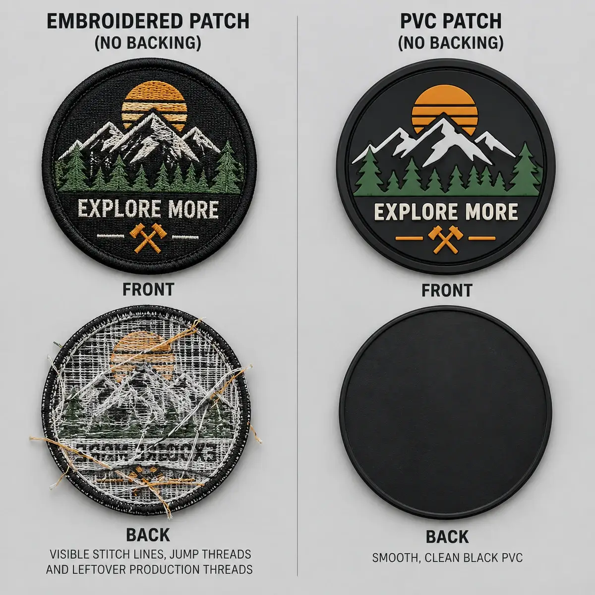 Explore More patch in embroidery and in PVC, comparing a threaded back with a smooth PVC back.