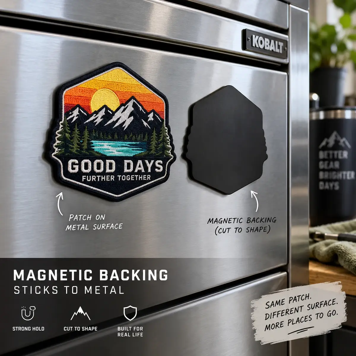 Good Days mountain patch stuck to a steel tool cabinet next to its cut-to-shape magnetic backing.