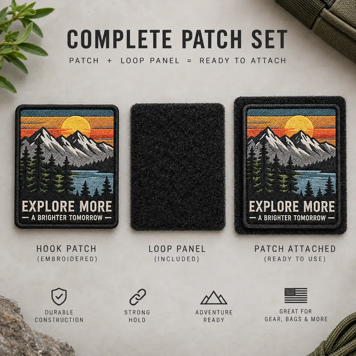 Explore More hook patch, loop panel and the two attached, shown as a set.