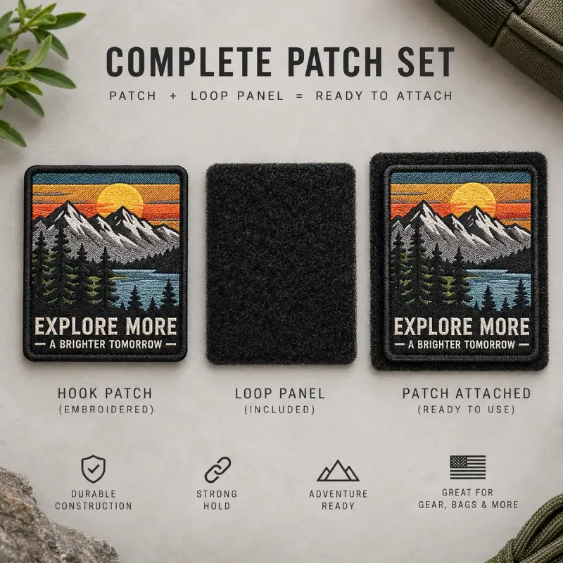 Explore More hook patch, loop panel and the two attached, shown as a set.