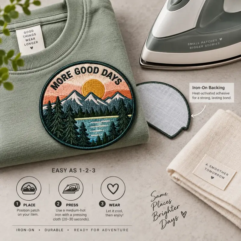 More Good Days embroidered patch on a sage sweatshirt with an iron and place, press, wear steps.
