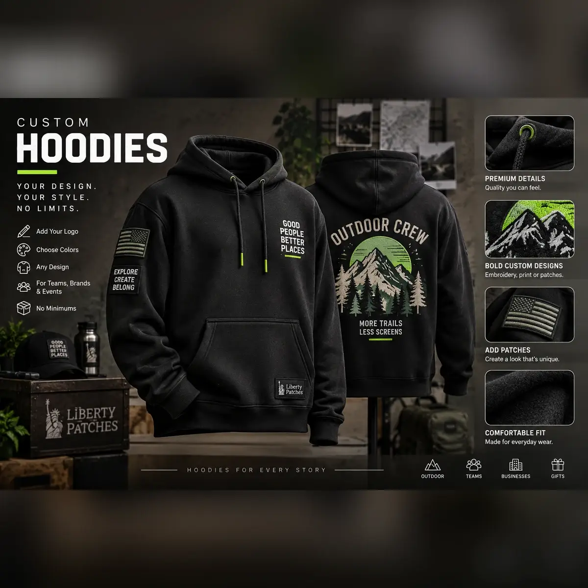 Black hoodie with an Outdoor Crew mountain back print and a flag sleeve patch.
