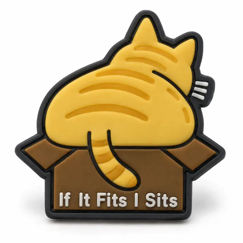 Silicone If It Fits I Sits morale patch with an orange cat in a box.