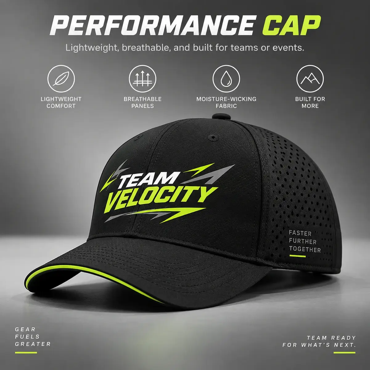 Black perforated performance cap with a lime Team Velocity print and lime brim trim.