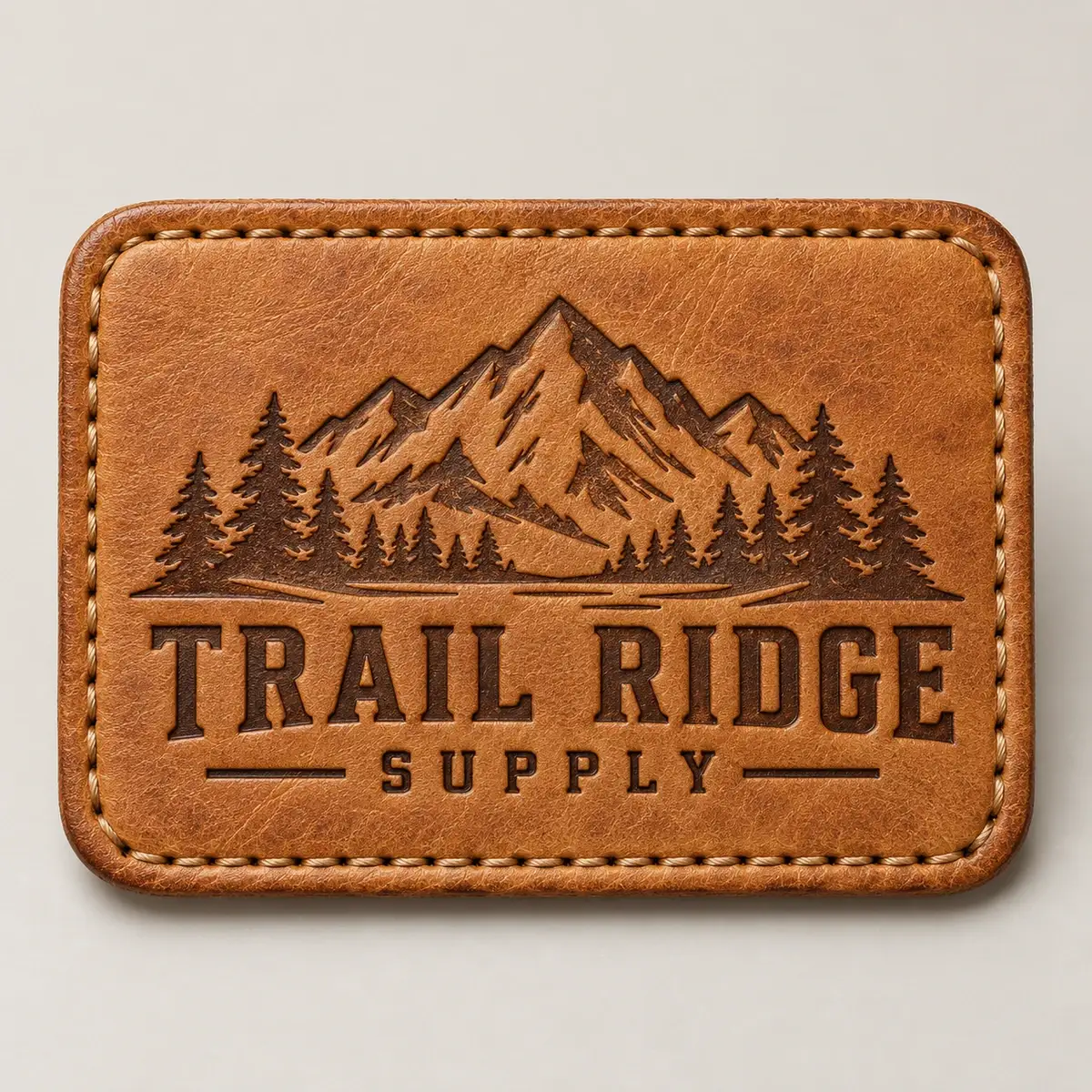 Tan Trail Ridge Supply leather patch engraved with mountains and pines.