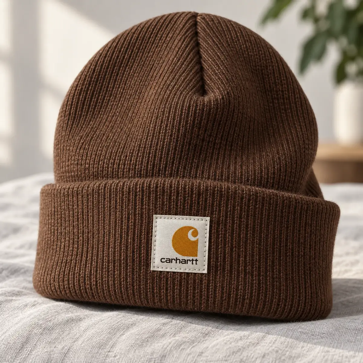 Small woven label patch on the cuff of a brown knit beanie.