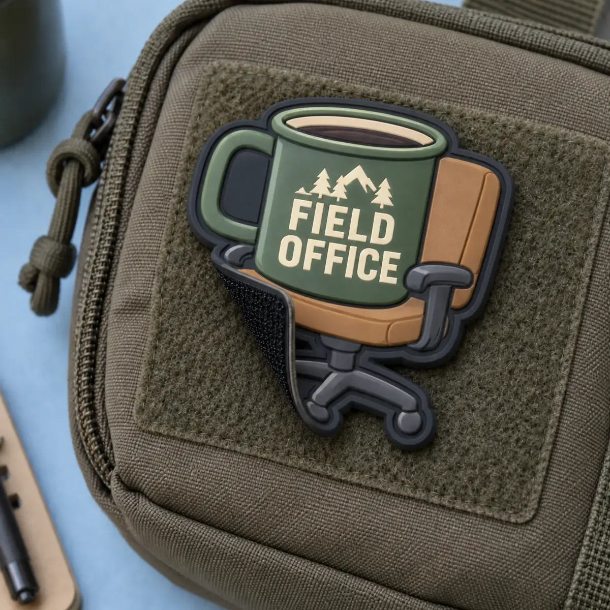 3D PVC Field Office mug patch on the hook-and-loop panel of an olive pouch.