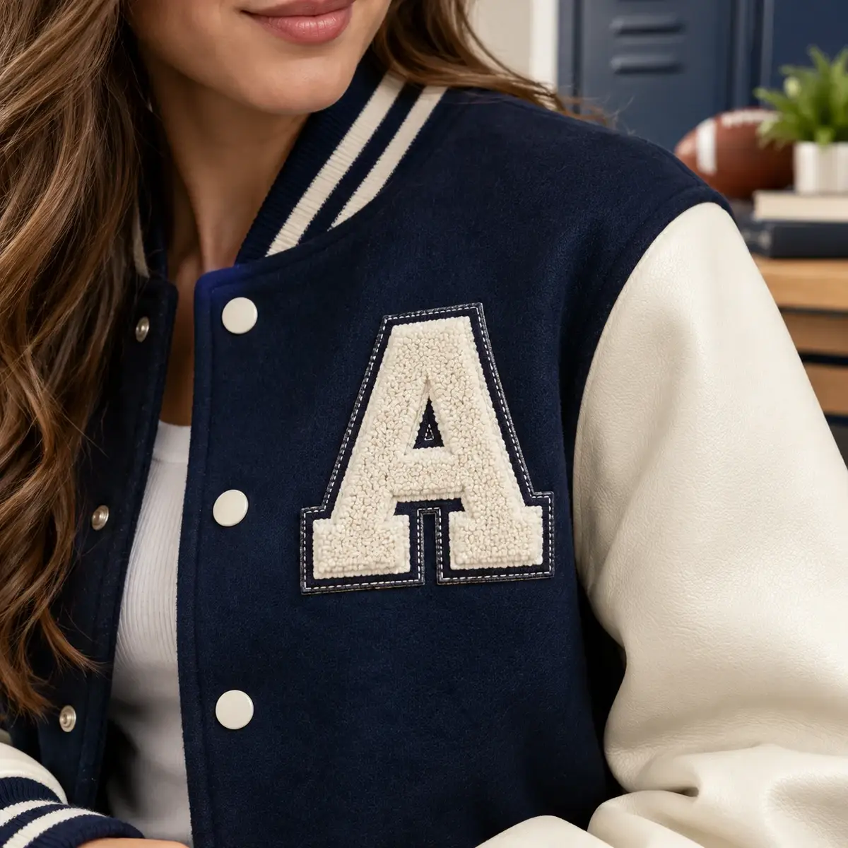 Chenille letter A sewn onto a navy and cream varsity jacket.