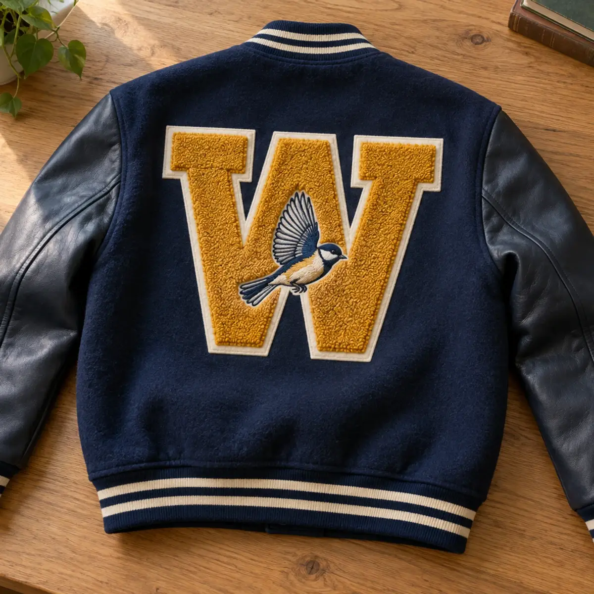 Gold chenille W back patch with a bird on a navy varsity jacket.